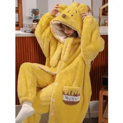 Women's Plush Fuzzy Pajamas Autumn and Winter New Winnie the Pooh Bear Robe and Pants Couple's Thickened Plush Household Suit