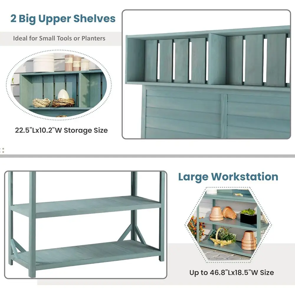 65 Banc d'empotage extérieur en bois vert avec 4 étagères, protection contre les éclaboussures et crochets pour une utilisation dans un jardin et un patio