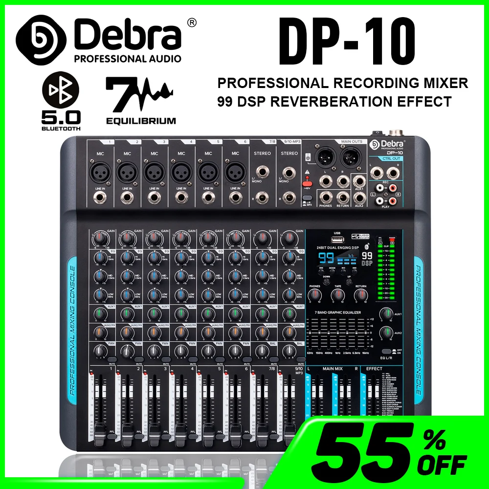 Debra 10 Channels 99 DSP Audio Mixer DJ Controller DP-10 Reverb Recording Mixing With Bluetooth 5.0 Professional Performance