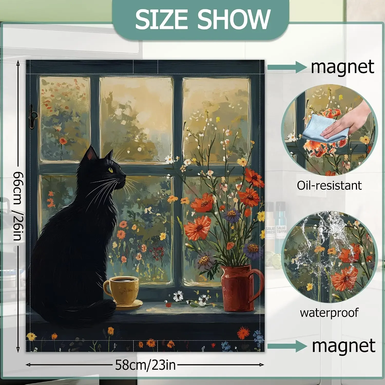 Black Cat Dishwasher Magnets Decorative Cover,,Refrigerator Magnet Cover for Kitchen Home Decor 23x26 Inch