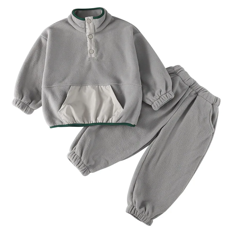 2025 Winter New Children Polar Fleece Sweatshirt Set Boys Girls Plus Velvet Thick Warm 2pcs Suit Kids Casual Sports Outfits