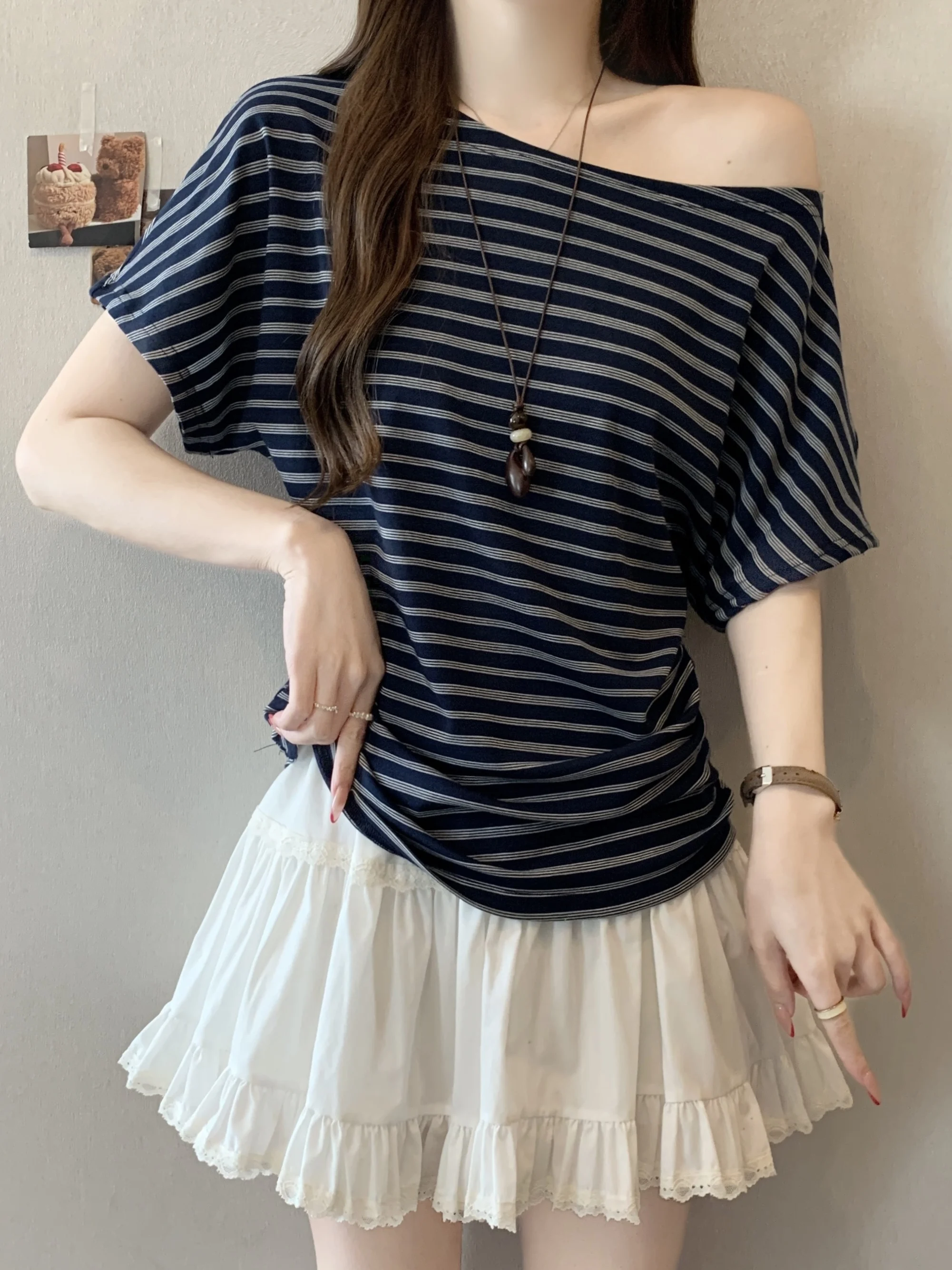 Shoulder Bared Striped Short Sleeve T Shirt Women Summer 2026 Large Size Slimming Stylish Beautiful Base Layer Small Shirt