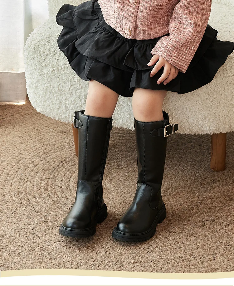 Kids'Boots Solid Color Buckle PU Leather Fashion Autumn Knee-high Boots For Girls Anti-slip Breathable Black Shoes Size 27-37