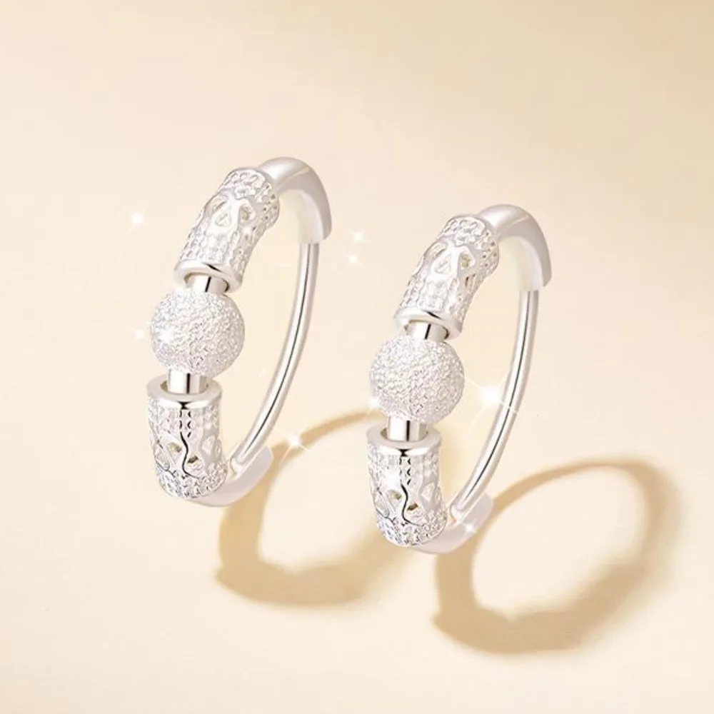 

BR S925 Sterling Silver Ball Bead Earrings for Women, Luxury Fashion Hoop Earrings, Minimalist Matte Bead Design