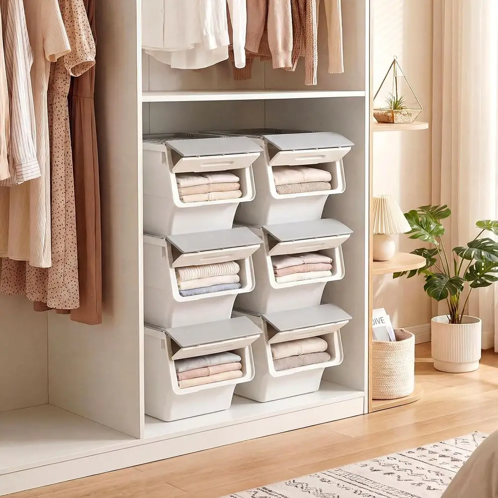 Plastic Stackable Storage Bins with Lids & Wheels, 6 Pack Open ront Stacking Bins, Organizer Bins or Pantry, Kitchen, Laundry, C