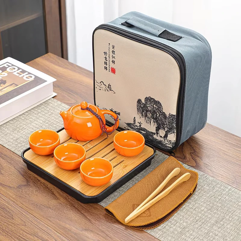 Chinese Kung Fu Travel Set, Ceramic Portable Teapot, Porcelain Teaset, Gaiwan Tea Cups, Tea Tool with Travelling Bag, 4 Cups view 4
