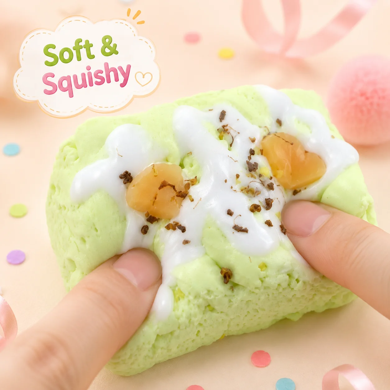 Kawaii Matcha Color Rectangle Pastry Mochi Squishy Toy Food Grade Soft Silicone Imitation Fruit Dessert Ornament Squeeze Toy
