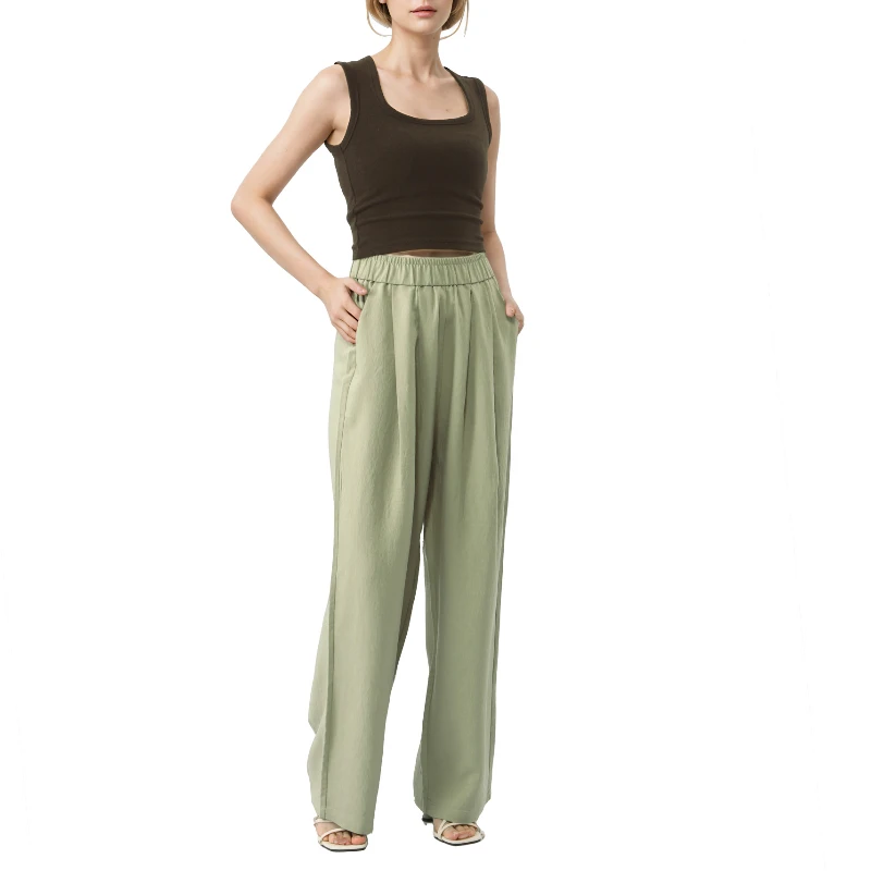 Elastic Waist Loose Wide Leg Long Pants Solid Color High-Rise  Straight Fit Trousers with Pockets Autumn/Winter Women Outwear