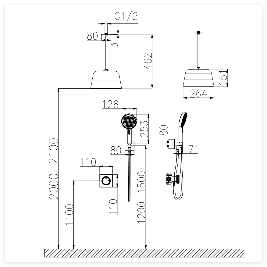 Concealed Led Shower System Set High Pressure Rainfall Shower Head & Handheld Spray Built-In Wall Mounted Installation