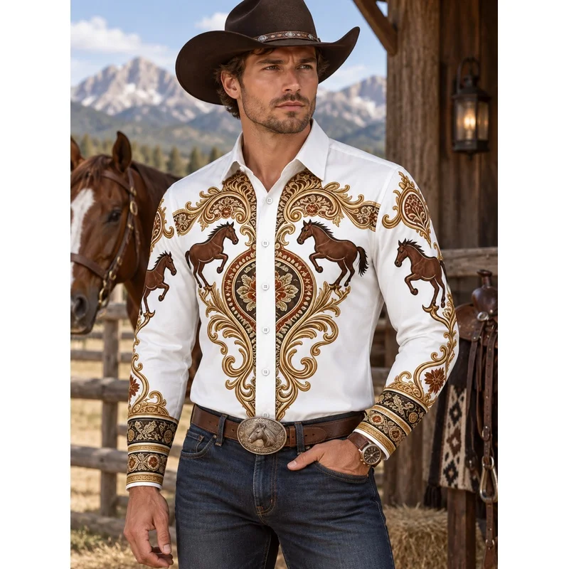 Vintage American Men'S Shirt Long-Sleeve Shirt Country Knight Style Printed Shirt Western Cowboy Style Men'S Top Shirt Men'S Shi