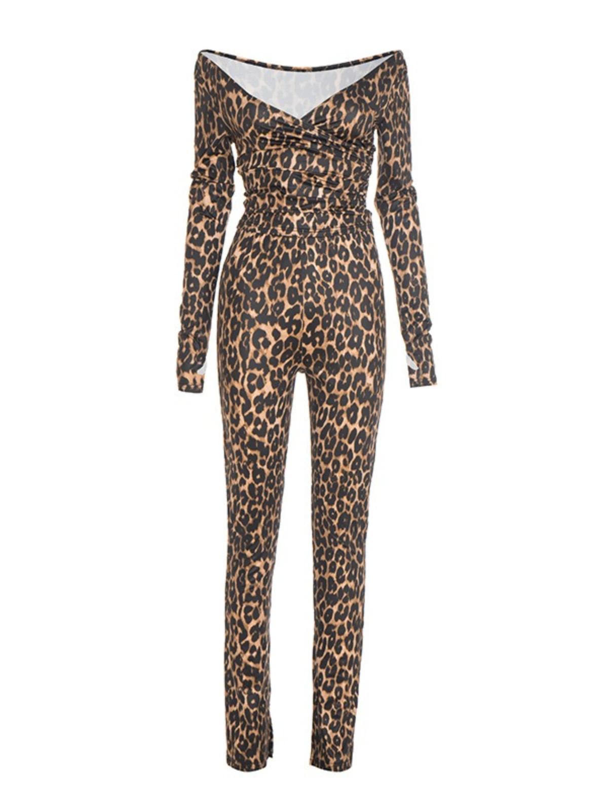 SsTss Women's Leopard Print 2 Pieces Set 2025 Autumn Fashion Deep V Neck Off Shoulder Long Sleeve T Shirt and Long Pants Suits