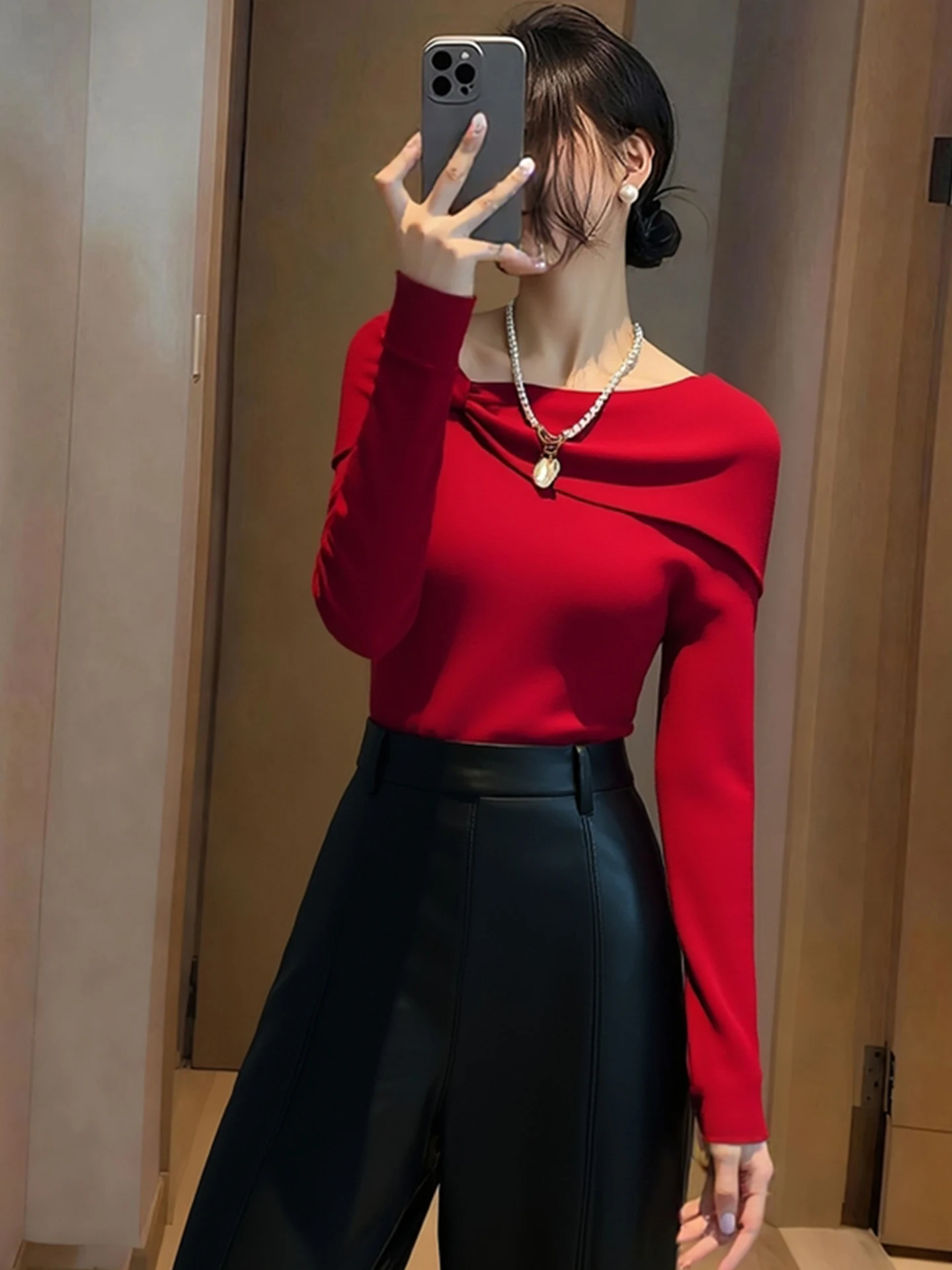 

Winter Design Red Knitted Long Sve Casual Base Layer Pure Color Slimming Top Korean Sle Straight Cut Commute Faion