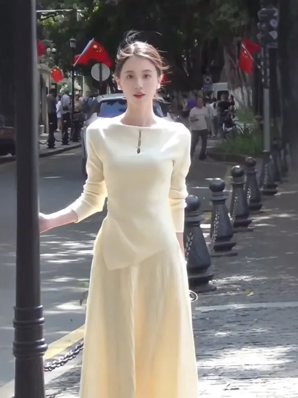 

Spring Anti-Aging Lazy Style Fashionable Women's Set Long Sleeve round Neck Comfortable Cotton High Waist Skirt T-Shirt