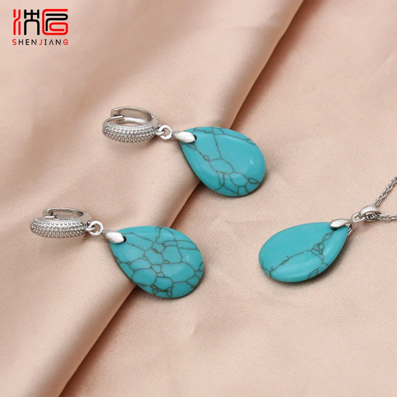 SHENJIANG New Vintage Water Drop Synthetic Turquoises Dangle Earrings Jewelry Sets For Women Wedding Pendant Necklace