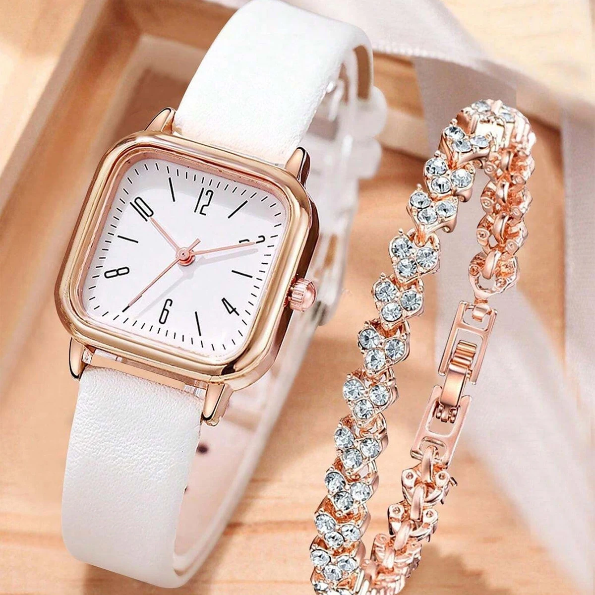 2 PCS Women\'s Watch Set PU Leather Strap Square Women\'s Quartz Watch Women\'s Gift Water Diamond Alloy Bracelet