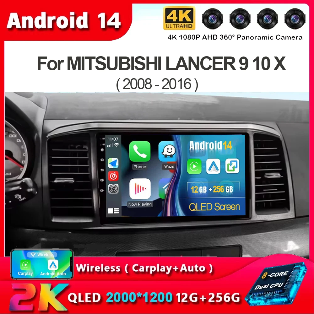 Android 14 Car Radio For MITSUBISHI LANCER 9 10 X 2008 2009 2010 2011 - 2016 9Inch Stereo Audio GPS Player Carplay Auto Screen