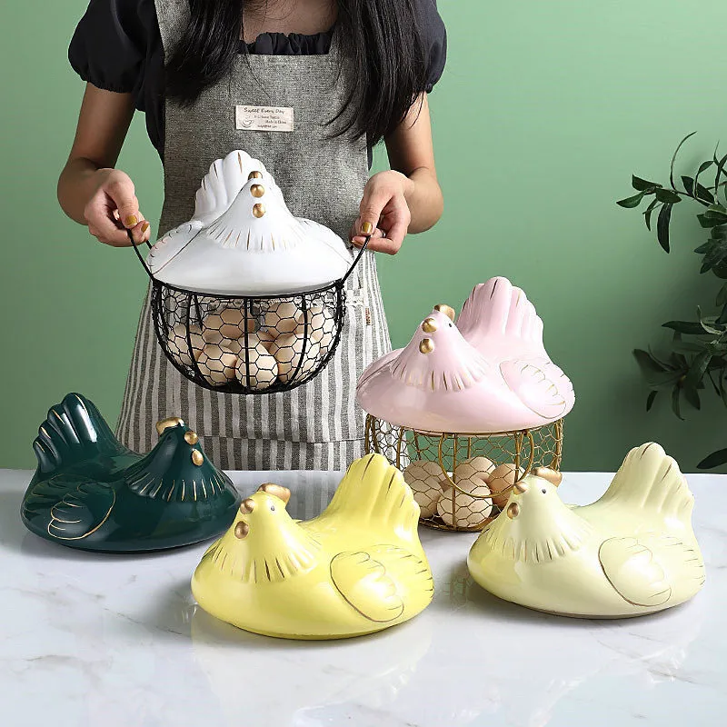 Large size iron ceramic hen decorative egg fruit storage basket portable kitchen portable shape