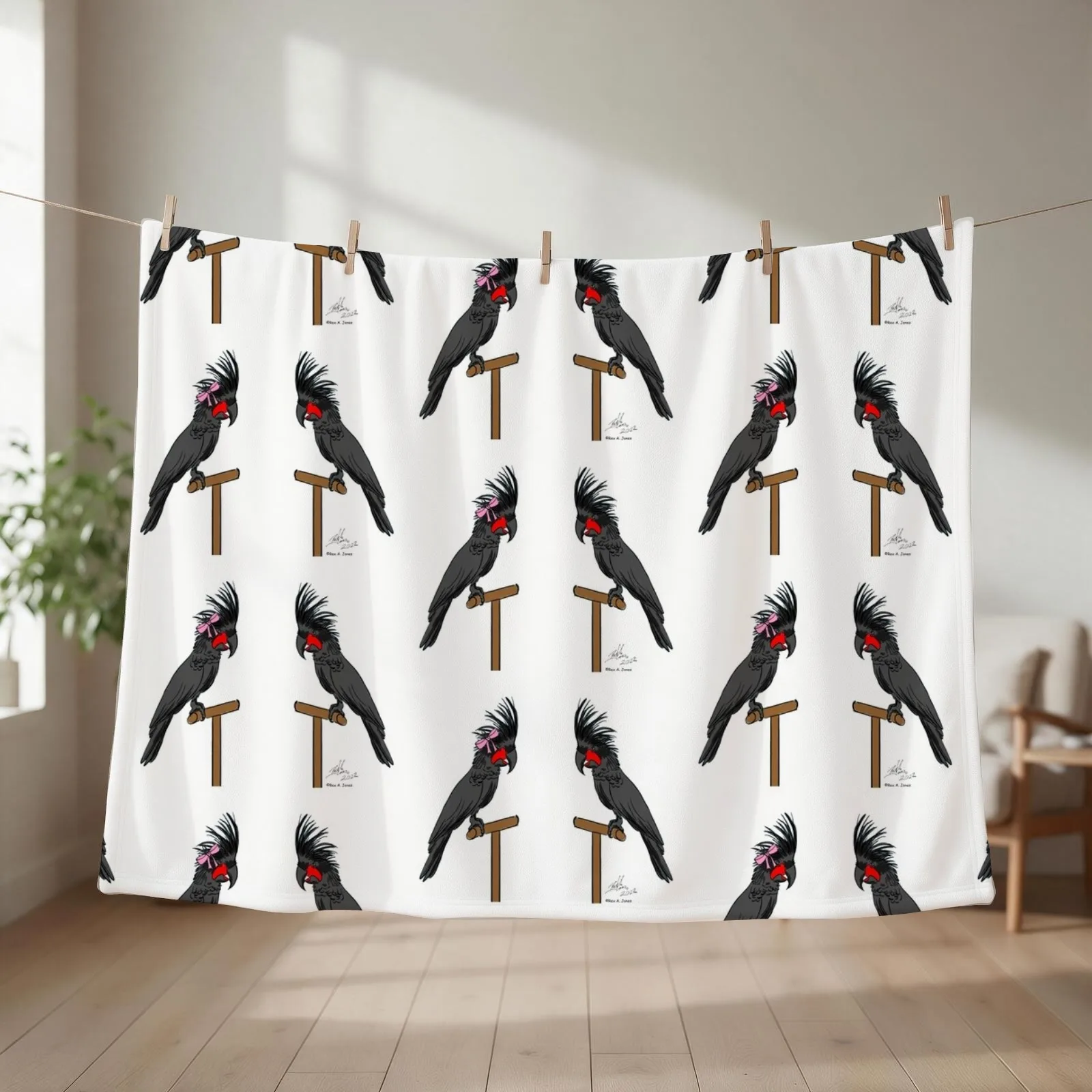 Crazy Bird Lady with Palm Cockatoos Throw Blanket couch cozy soft plush fuzzy picnic outdoor blanket