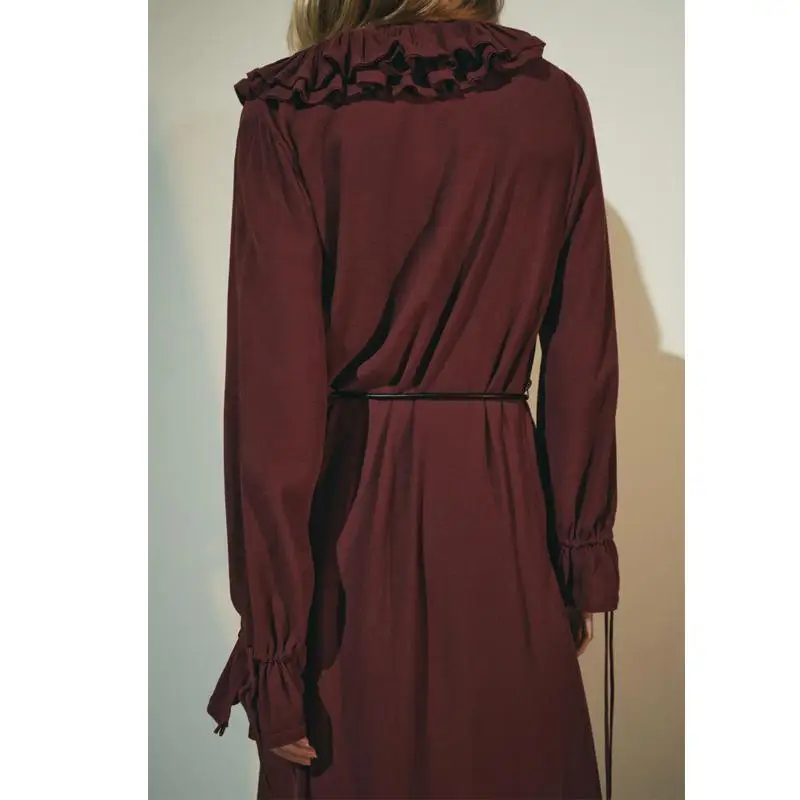 Outono inverno nova chegada f estilo suave com decote em v em camadas decoração manga longa midi vestido de fibra de p...