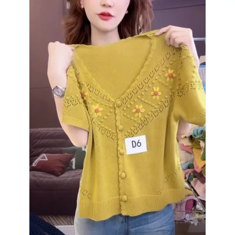 

Blouse Women Summer Loose Fit Short Sleeve Cutout Cardigan Lightweight Stylish Knit New Fashionable Niche Versatile Chic Unique