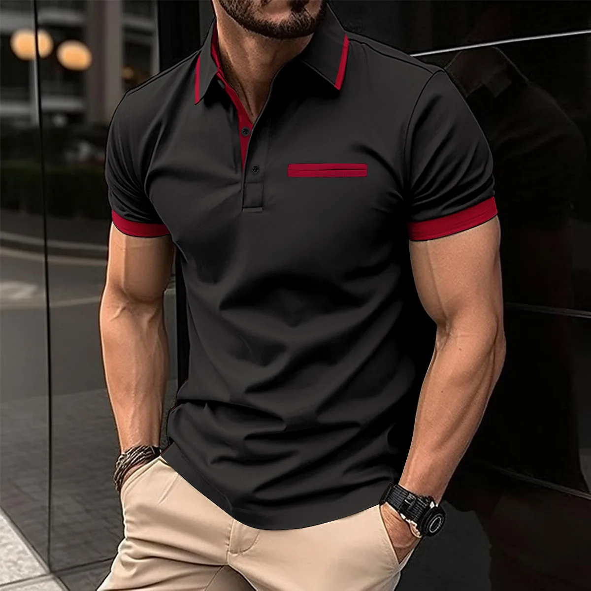 Men\'s lapel button-down POLO shirt Summer solid short sleeve top T-shirt Fashion business men\'s clothing Breathable top