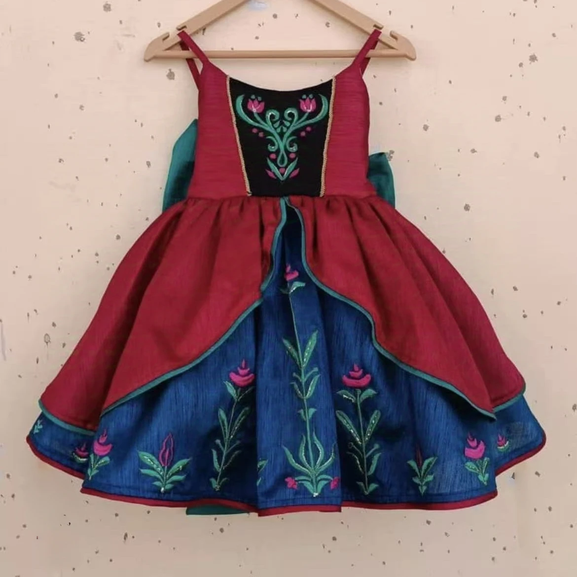 

0-12Y Baby Girl Summer Flower Embroidery Vintage Princess Burgandy Dress for Birthday Photography Holiday Eid Christmas B476