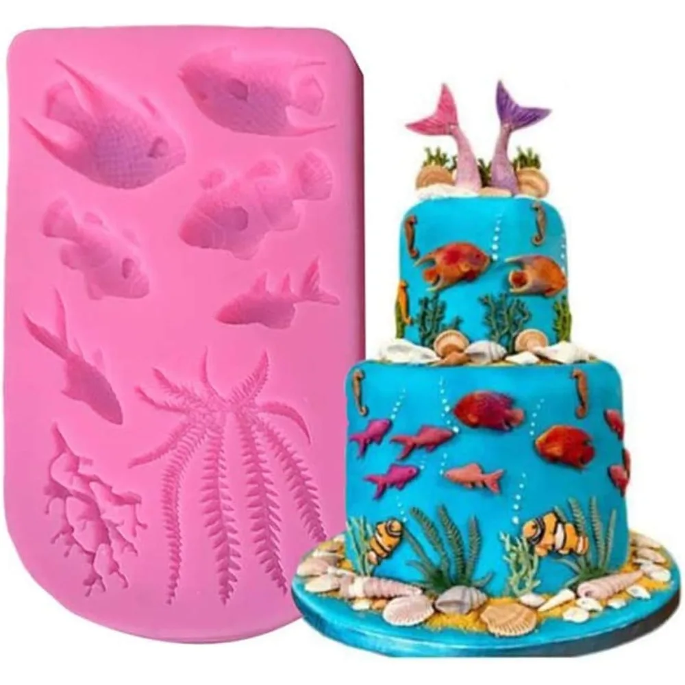 1pcs Marine Theme Fondant Cake Mold, Fish Sea Coral Cupcake Chocolate Mould for Under The Sea Decoration Candy  Clay Sugar Craft