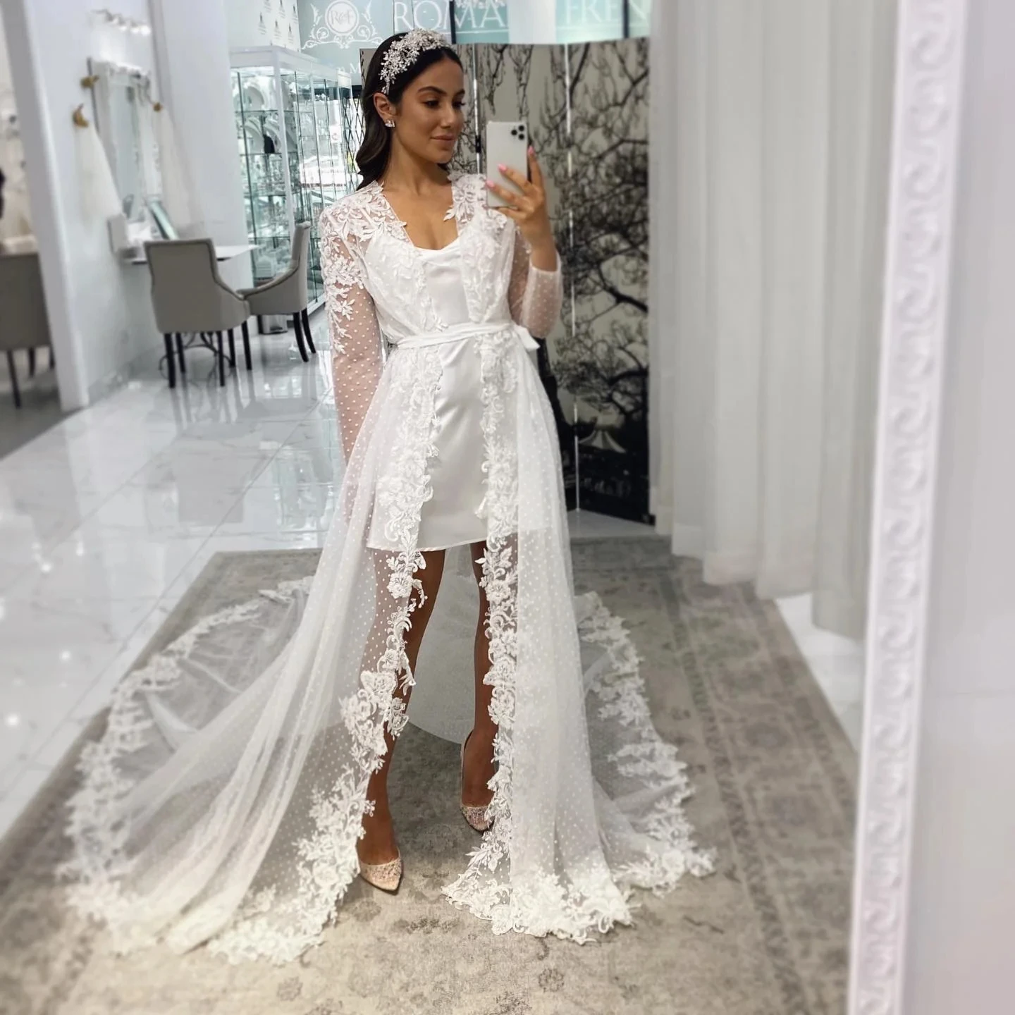 Koronkowa szata panny młodej z aplikacją dostosowana bielizna z długim rękawem kobiety Fotos suknie buduarowy szlafrok sukienka ciążowa na Babyshower
