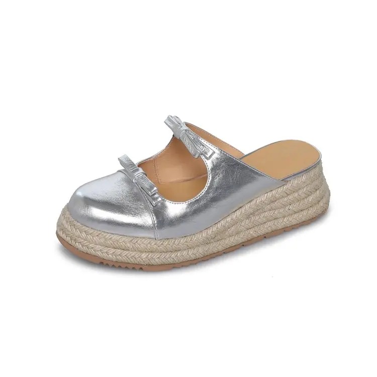 Damen Schleifen-Sandalen mit geschlossener Zehenpartie, Plateau-Espadrille-Keilabsatz, Slipper für den Sommer – Detail 16