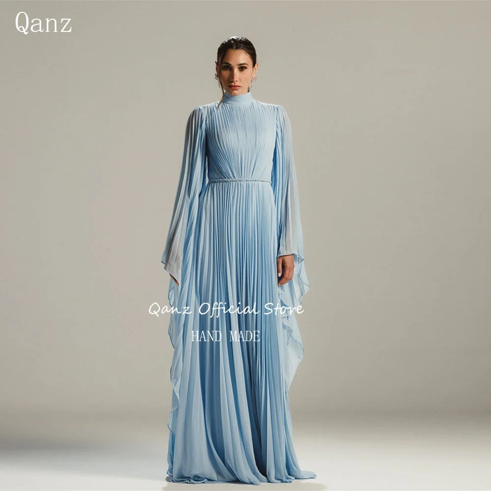 

Qanz Sky Blue Chiffon Evening Dresses High Neck Long Cap Sleeves A Line Vestidos Para Mujer Floor Length Party Gowns Customized