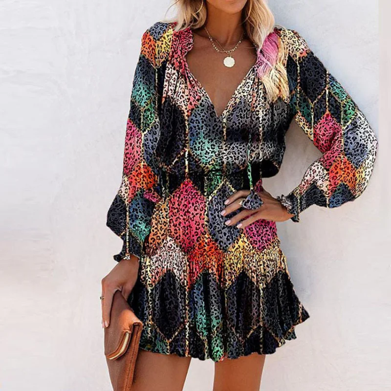

TOY-2025Spring Women's Clothing Autumn New Style Personality Colorful PrintVWaist-Cinching Pleated Dress661