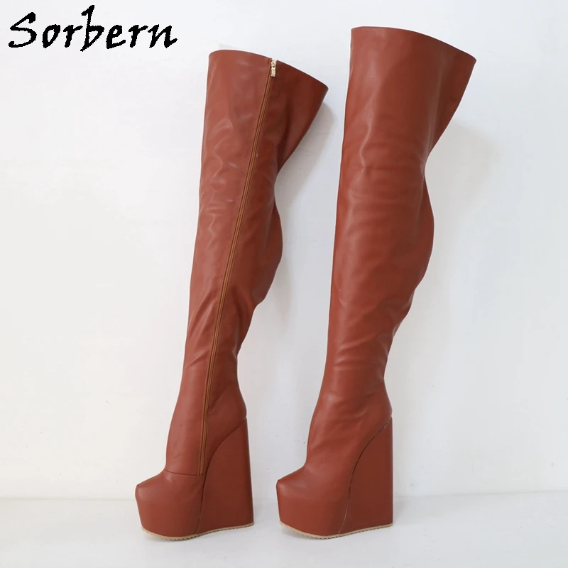 Sorbern 22Cm Brown Long Boots Women Wedge Heels Hidden Platform Winter Style Plush Lining Thigh High Boot Custom Leg Size Colors