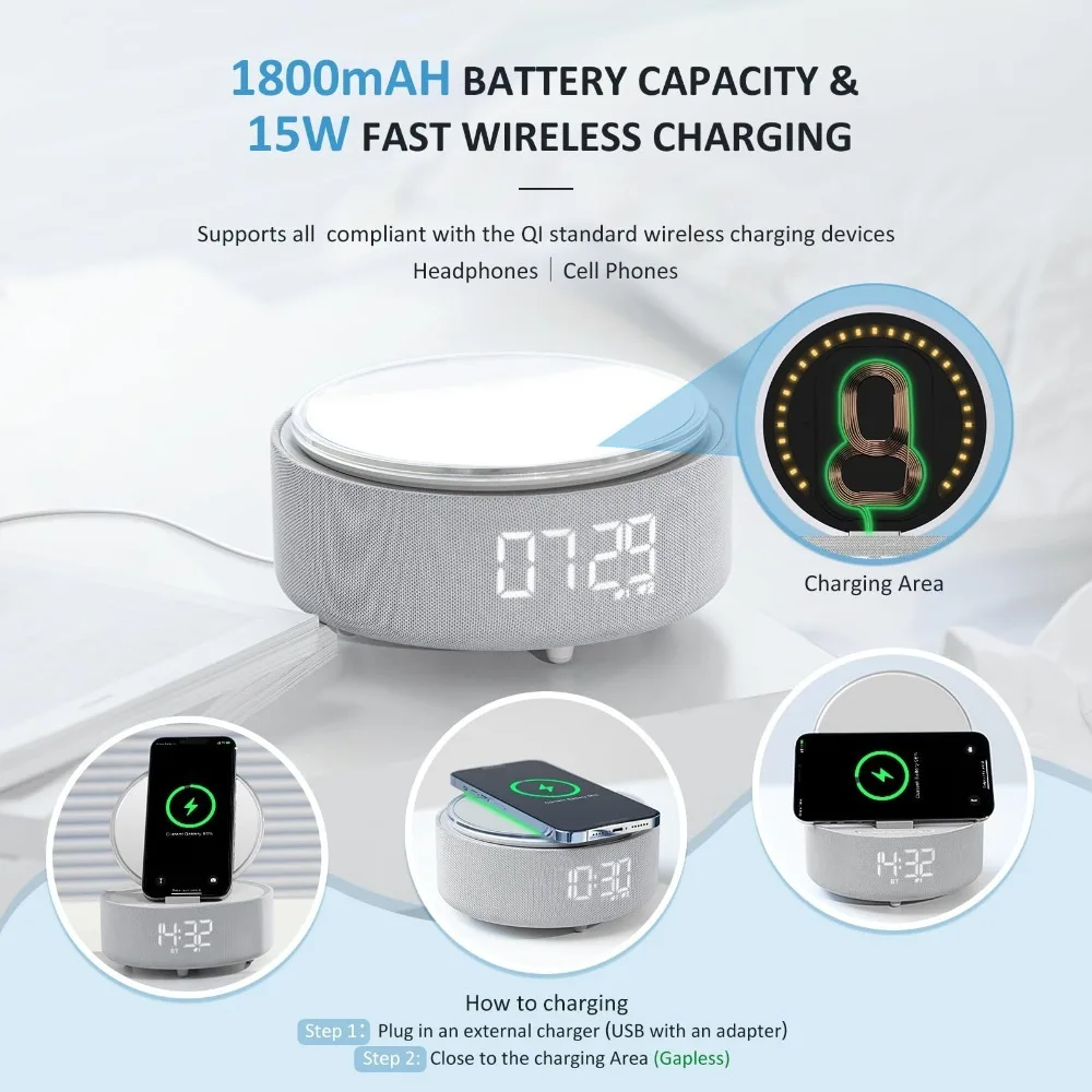4-in-1 15W wireless charger alarm clock LED night light Bluetooth speaker with makeup mirror suitable for iPhone XiaoMi charger