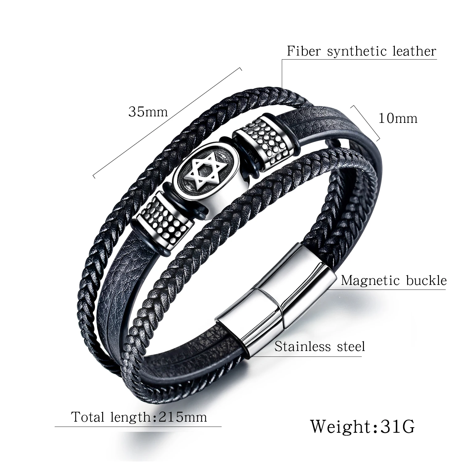 DARHSEN Men Black Fiber Synthetic Leather Statement Wrap Bracelets Bangle Israel Star of David Hand Wristlet Fashion Jewelry