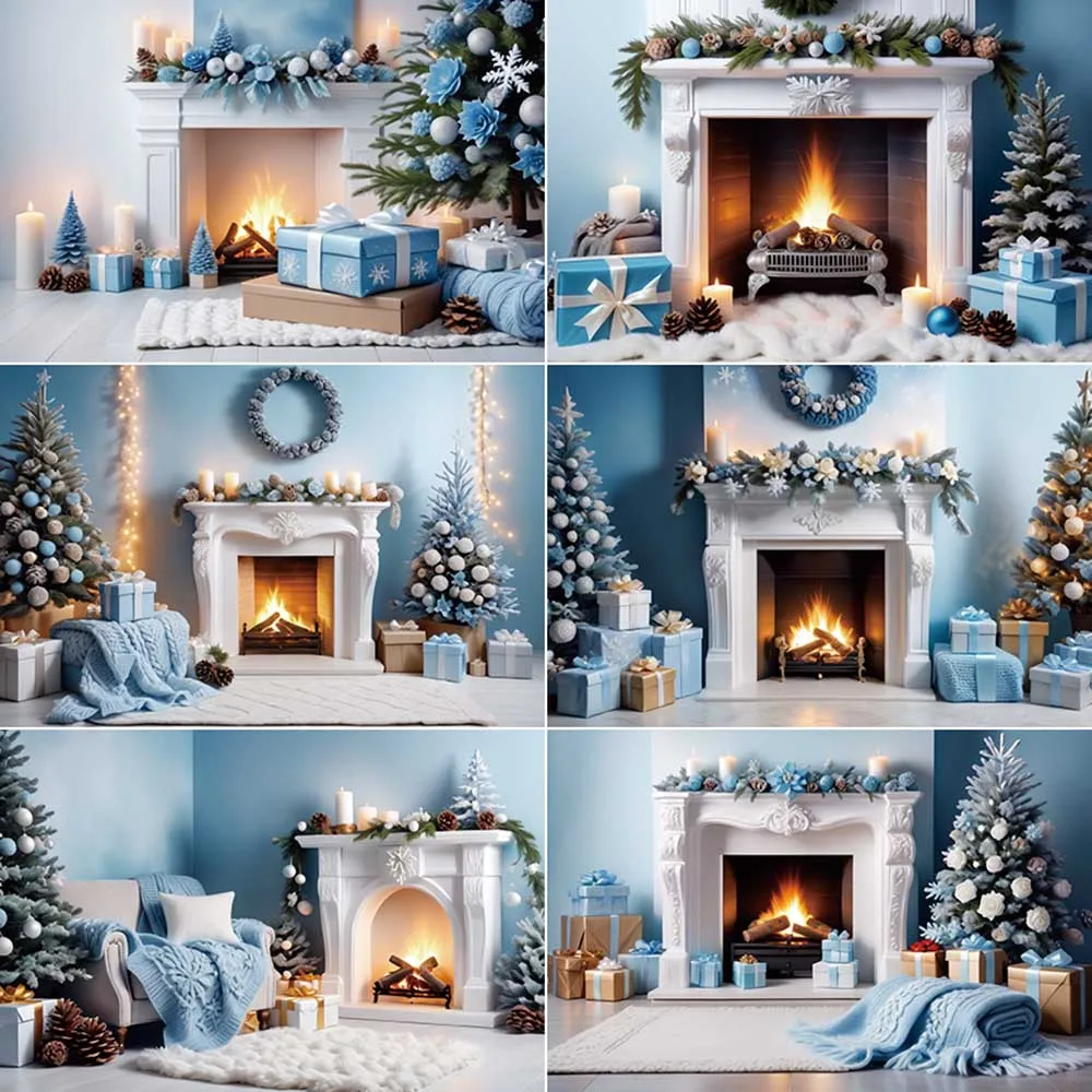 

MOON.QG Blue Christmas Fireplace Scene Photogrpahy Backdrops Baby Portrait Photocall Backgrounds Photo Studio Shooting Props