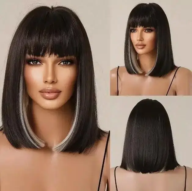 

Black White Highlight Short Bob Wigs with Bangs Women Natural Synthetic Straight