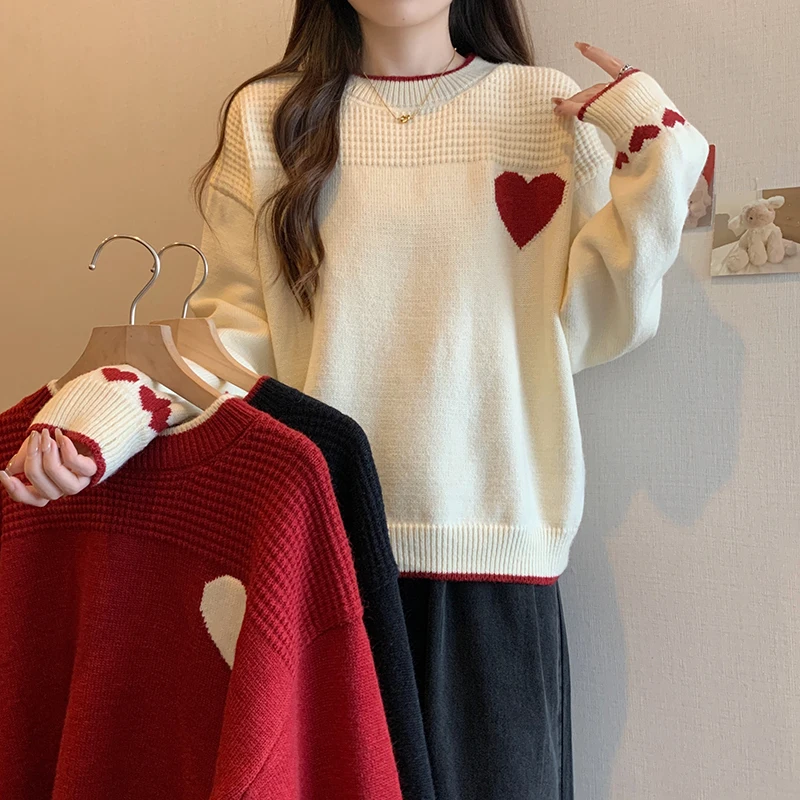 M-4xl Red Sweater Women Autumn Winter Plus Sized Round Neck Contrast Color Heart Pullover Bottoming Shirt Popular Knitted Tops