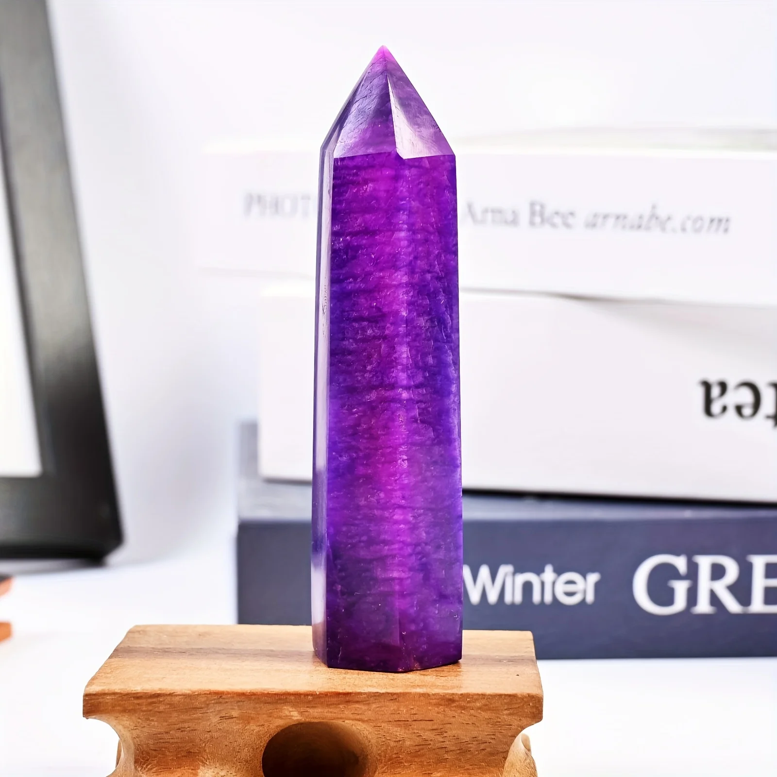 1pc  Natural Purple Moonstone Hexagonal Tower - Blue Flash, Single-Point Crystal Pillar for Home & Office Decor,