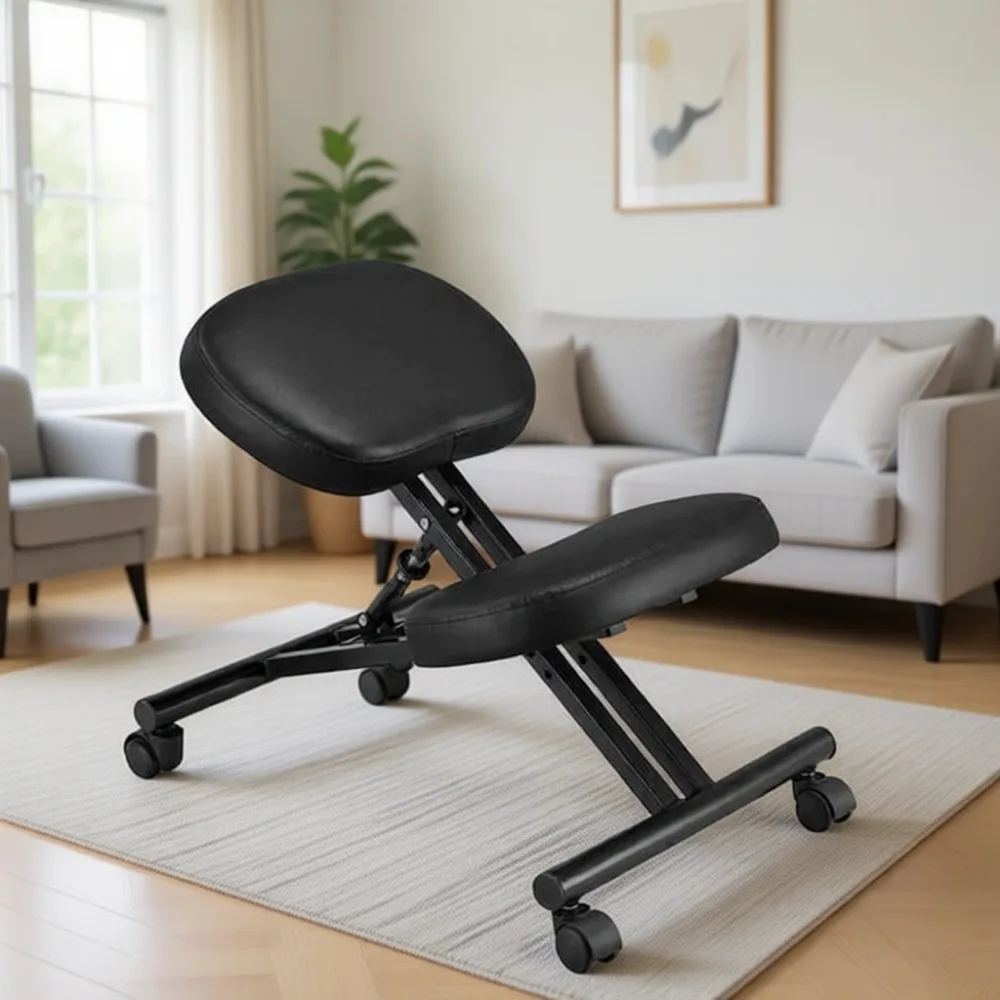 Ergonomic Kneeling Chair with Adjustable Rolling Stool: Comfort Cushions, Supportive Posture; Metal Frame Tilts & Rolls.