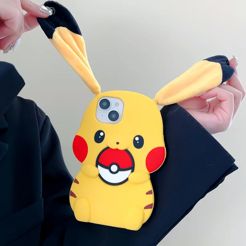 

Cartoon Cute Plush Ears Pikachu IPhone 16 Silicone Mobile Phone Protective Case Anime Suitable for 14pro Max Mobile Phone Case