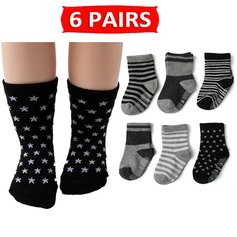 6 PAIRS Baby Boys Toddlers Non Slip Pure Cotton Short Socks Set Kids Children Anti Skid Grip Floor Walking Socks Spring Autumn