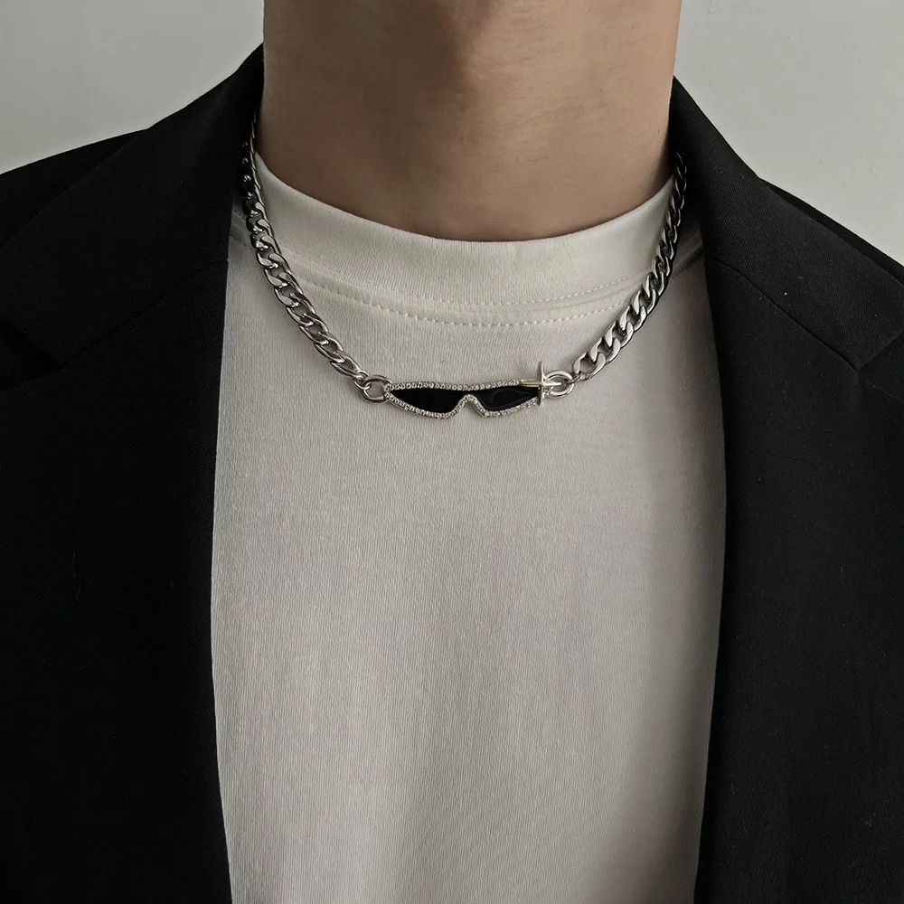 Hip-Hop-Imitation-Sonnenbrille für Männer, Choker, Retro-Silberfarbene Kubanische Kettenhalskette, Modisches Design-Schmuckstück, Trendige Accessoires – Detail 2