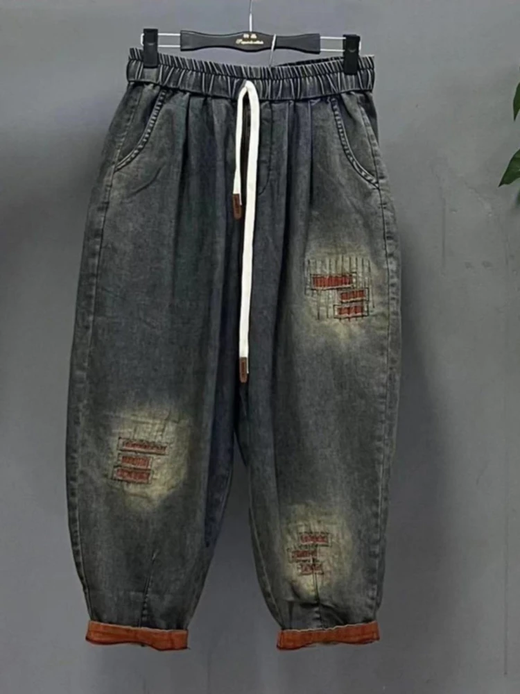 Vintage Plus Size Jeans Set Women's Two-Piece Outfit Casual Suit Denim Pants  Ladies Hooded T-Shirt Printed Jeans Sets