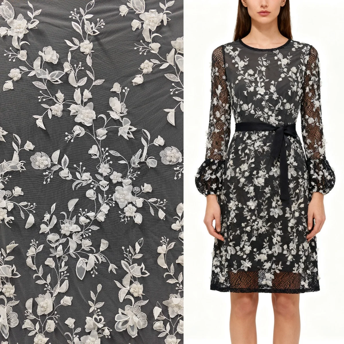 

Необработанная белая трехмерная вышивка, цветок, гвоздь, бисер, кружево, мягкая сетка, шитье платья, свадебная ткань