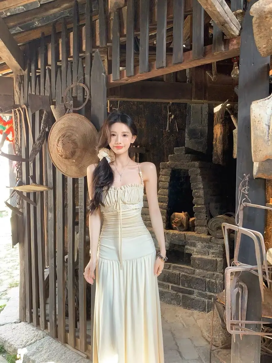 

Gagarich Lace Patchwork French Bead Hanging Neck Women Summer Slim Fit Dress Gentle Waist Cinching Super Fairy Long Vestidos