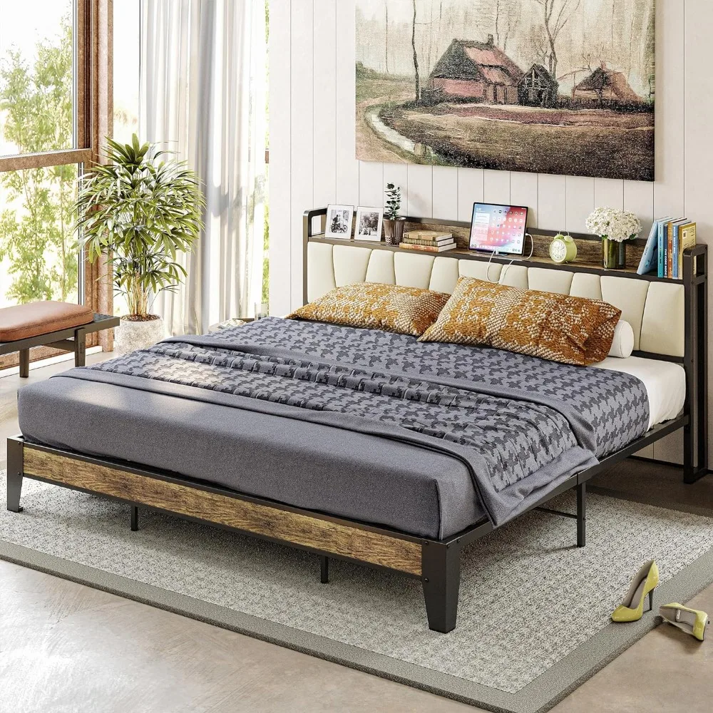 King Bed Frame, Storage Headboard with Charging Station, Solid and Stable, Noise Free, No Box Spring Needed, Easy Assembly