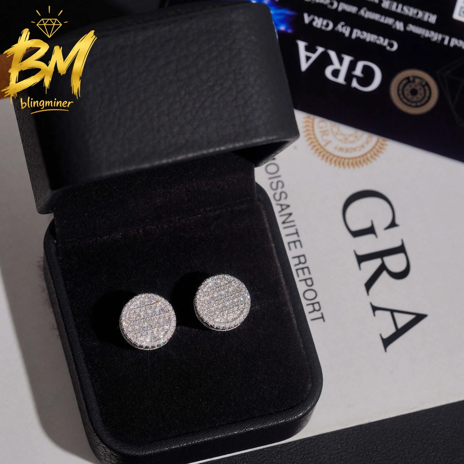 Blingminer Hip Hop 8MM Round VVS Moissanite Earrings For Men Women S925 Silver Ear Studs Jewelry Pass Diamonds Tester Free Shipp