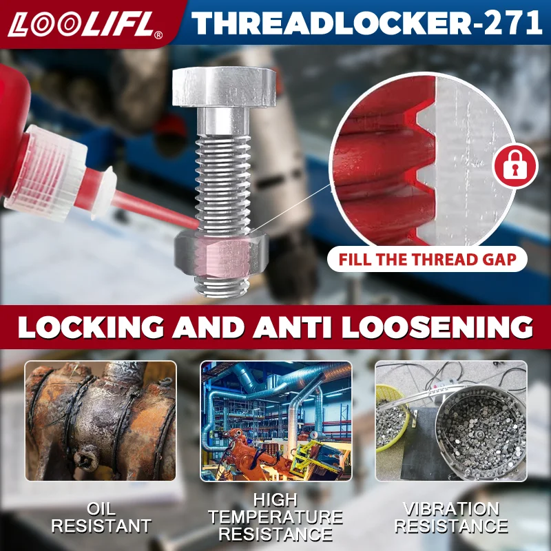 عامل قفل الخيط 271 لاصق خيط سريع الجفاف لاصق لاهوائي مقاوم للتآكل ومضاد للتخفيف، تلقائيًا