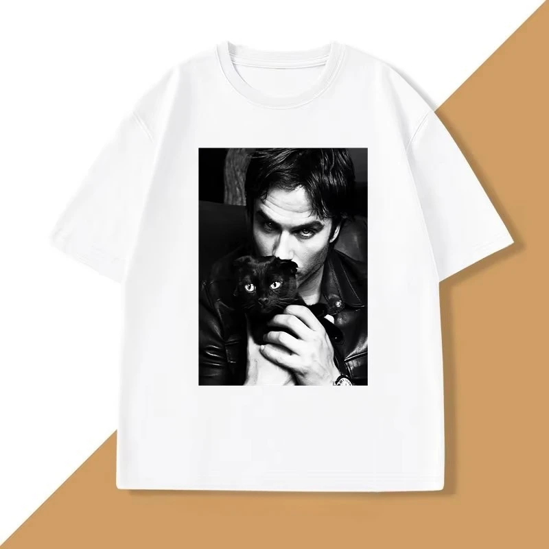 Damon Salvatore TV Drama Cat Graphic Tshirt for Women Clothes Retro Gothic Tops Sleeve Harajuku Sleeve Casual Aesthetic Clothes