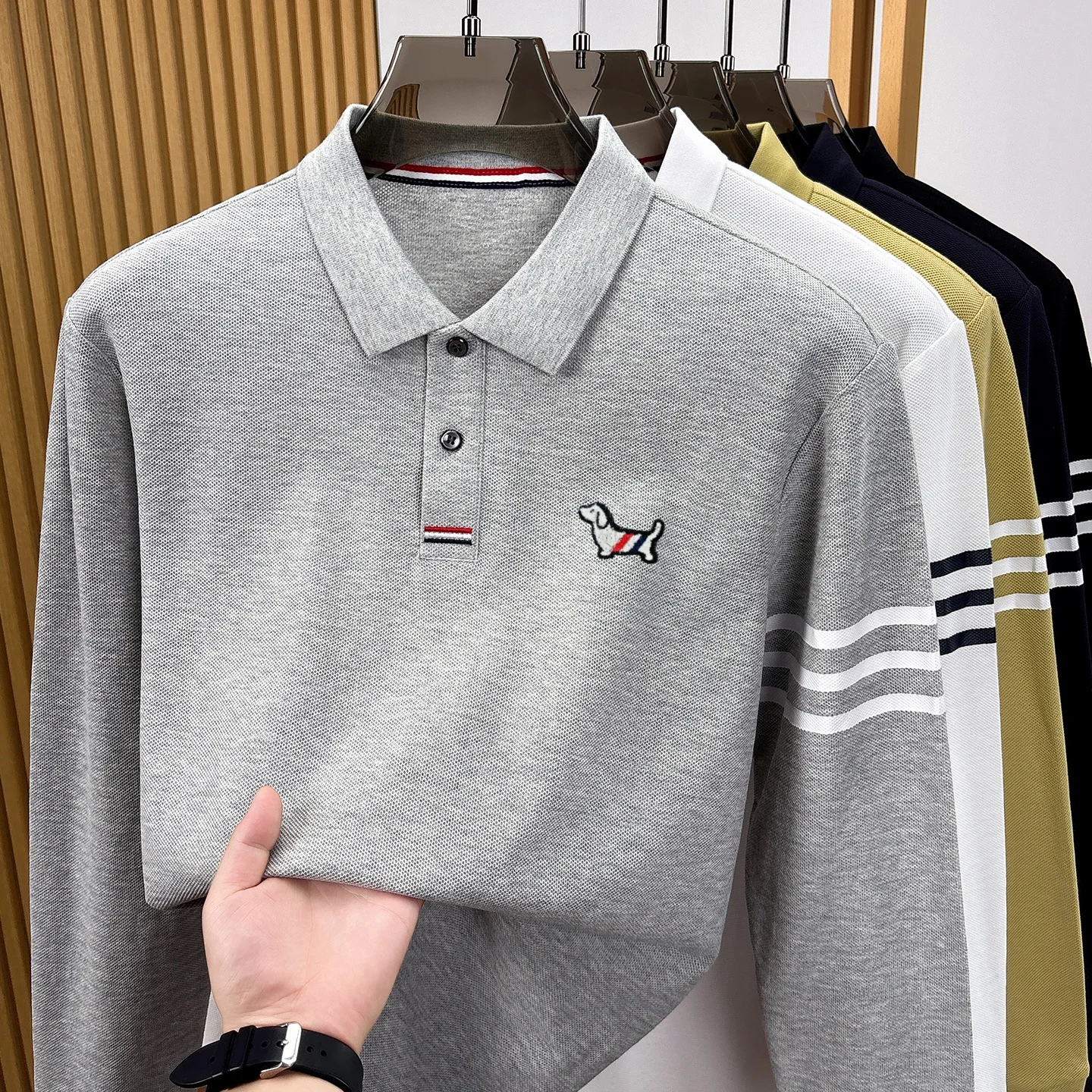 Hochwertige 100% Baumwolle Langärmel Polo Shirt Mode Marke Männer neue Cartoon Welpen Stickerei Komfort Herbst Casual Streifen T-Shirt – Detail 5
